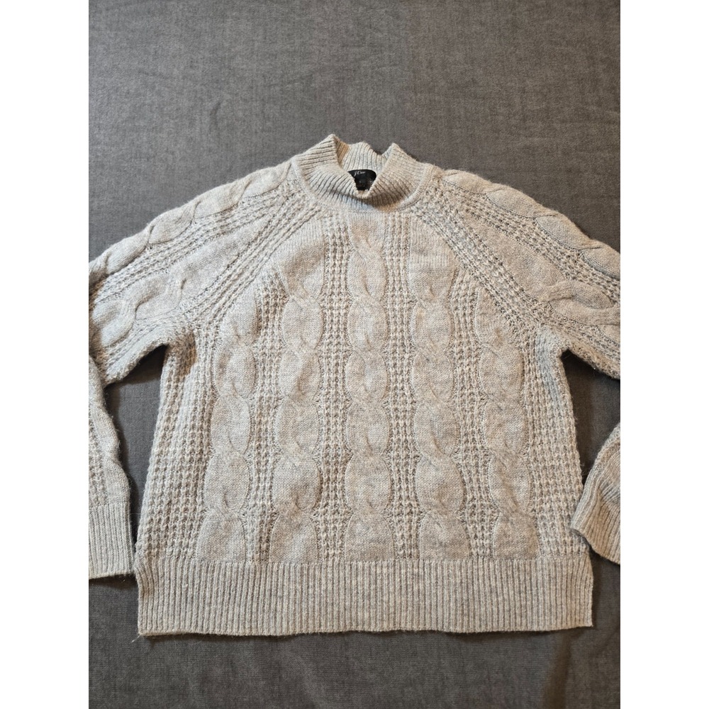 J.Crew Women Sz S Gray Chunky Cable Knit Mockneck Sweater Alpaca AE011 Fisherman